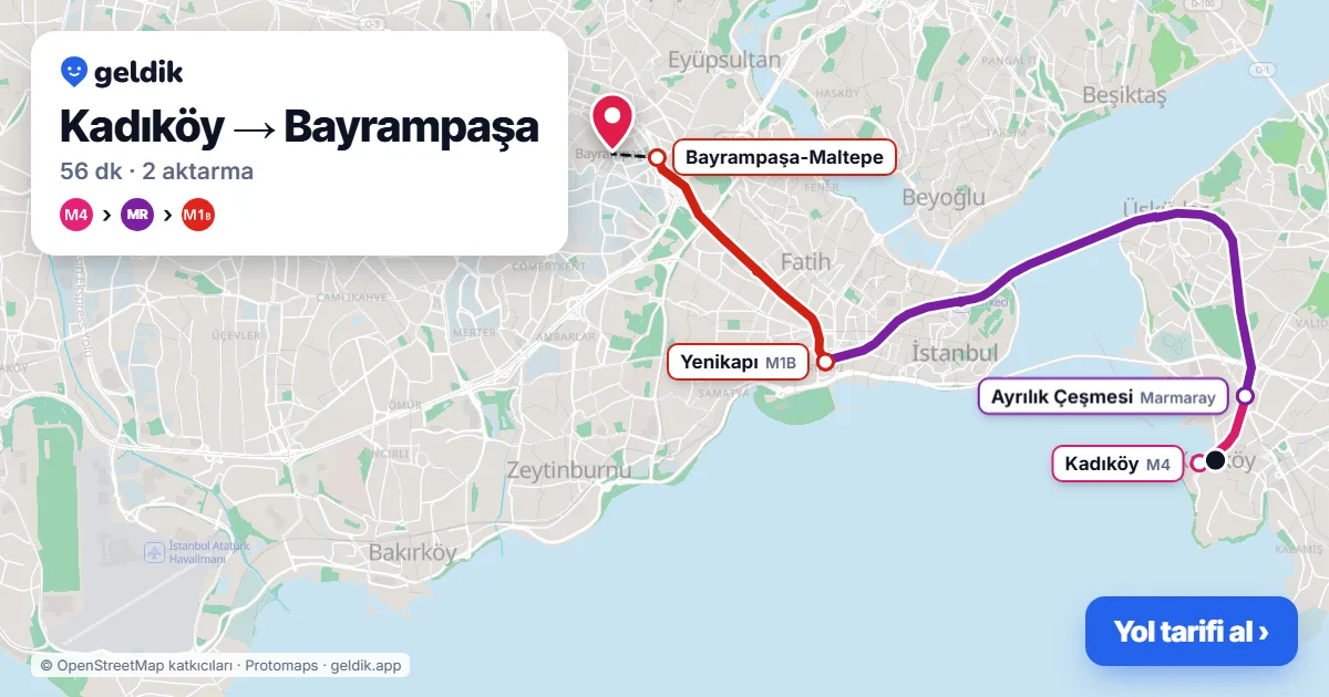 Kadıköy – Bayrampaşa yol haritası: M4 → Marmaray → M1B ile ~56 dk