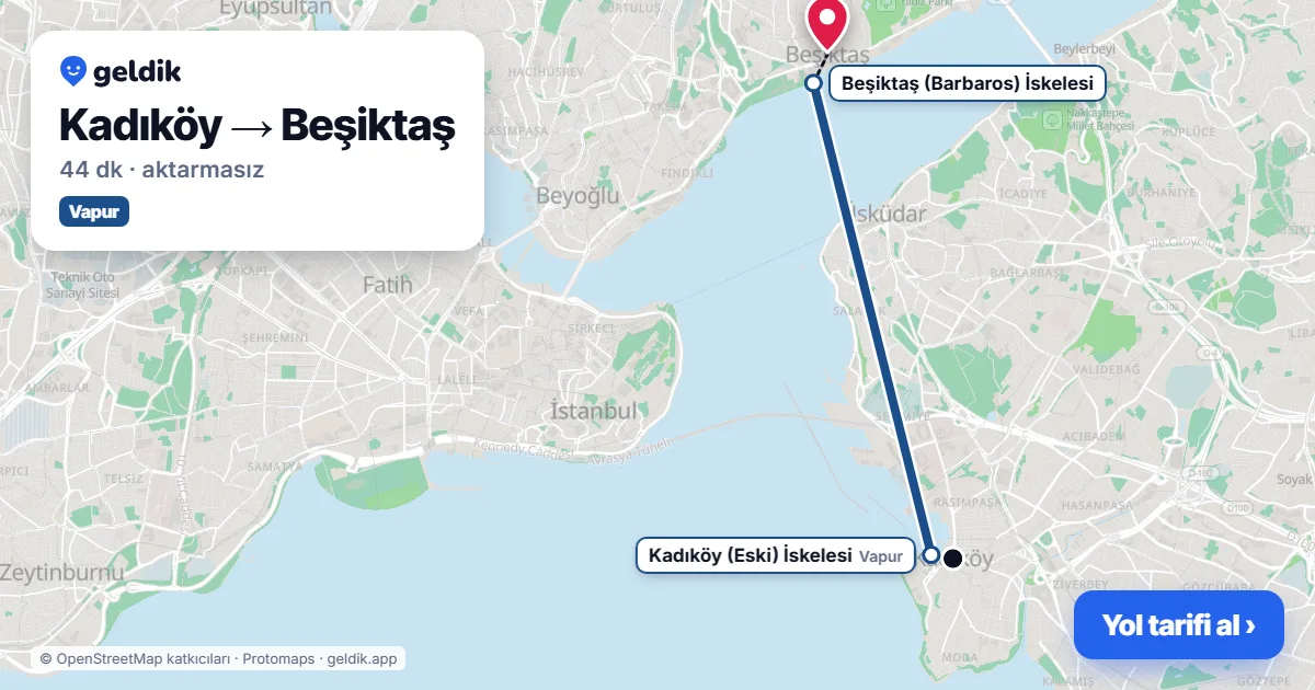 Kadıköy – Beşiktaş yol haritası: vapur ile ~44 dk