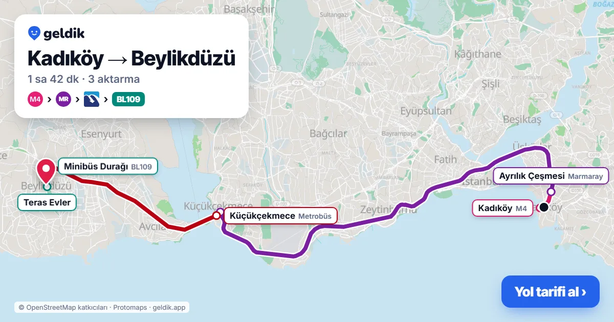 Kadıköy – Beylikdüzü yol haritası: M4 → Marmaray → Metrobüs → BL109 minibüsü ile ~1 sa 42 dk