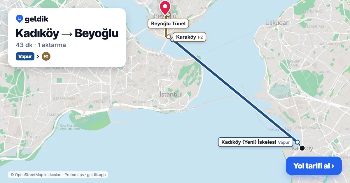 Kadıköy – Beyoğlu yol haritası: vapur → F2 ile ~43 dk