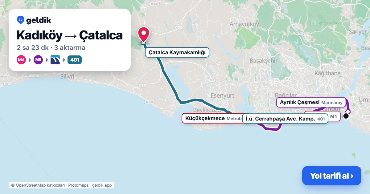 Kadıköy – Çatalca yol haritası: M4 → Marmaray → Metrobüs → 401 otobüsü ile ~2 sa 23 dk