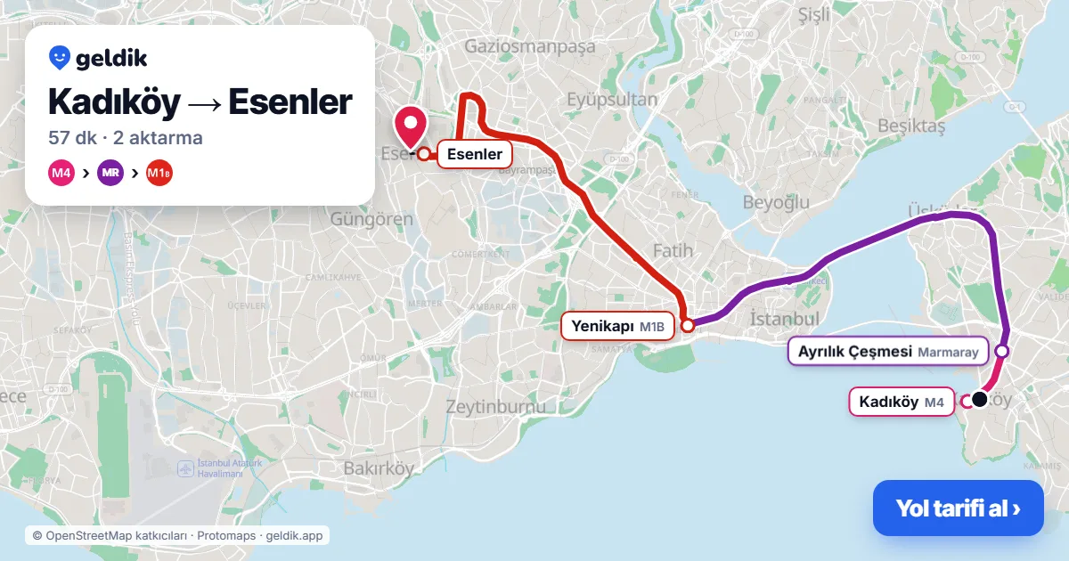 Kadıköy – Esenler yol haritası: M4 → Marmaray → M1B ile ~57 dk