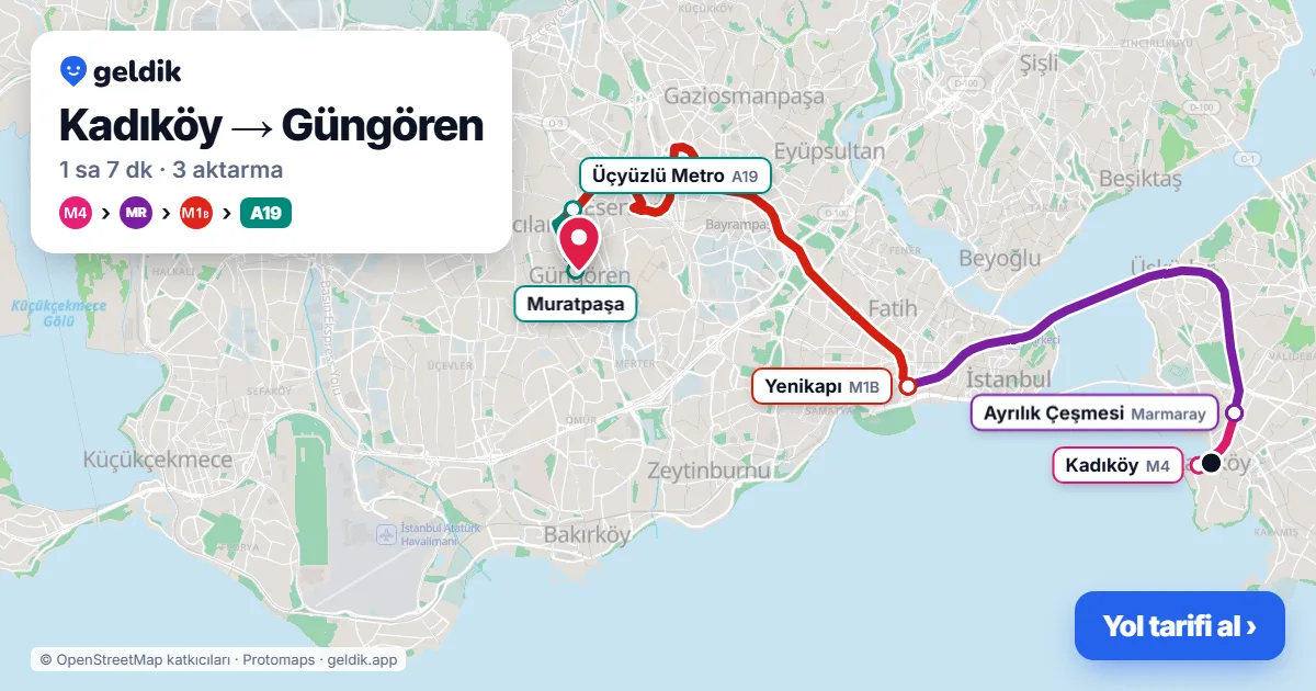 Kadıköy – Güngören yol haritası: M4 → Marmaray → M1B → A19 minibüsü ile ~1 sa 7 dk