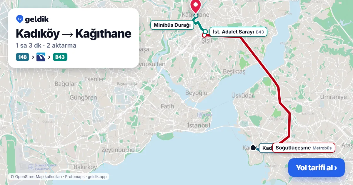 Kadıköy – Kağıthane yol haritası: 14B otobüsü → Metrobüs → B43 minibüsü ile ~1 sa 3 dk