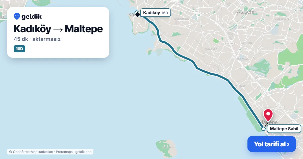 Kadıköy – Maltepe yol haritası: 16D otobüsü ile ~45 dk