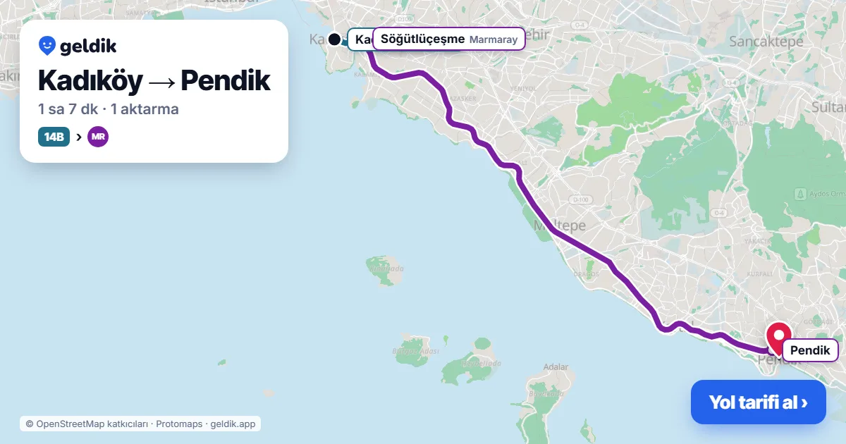 Kadıköy – Pendik yol haritası: M4 → KM13 otobüsü ile ~1 sa 5 dk
