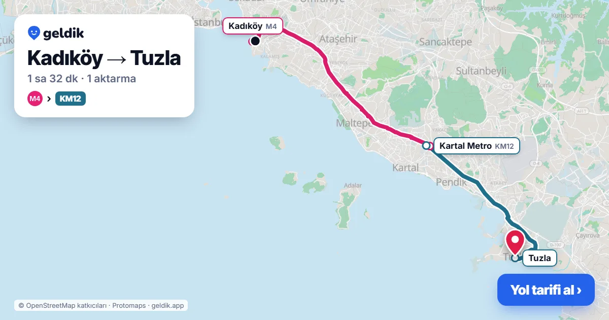 Kadıköy – Tuzla yol haritası: M4 → KM12 otobüsü ile ~1 sa 32 dk
