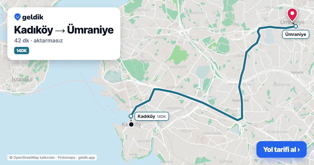 Kadıköy – Ümraniye yol haritası: 14DK otobüsü ile ~42 dk
