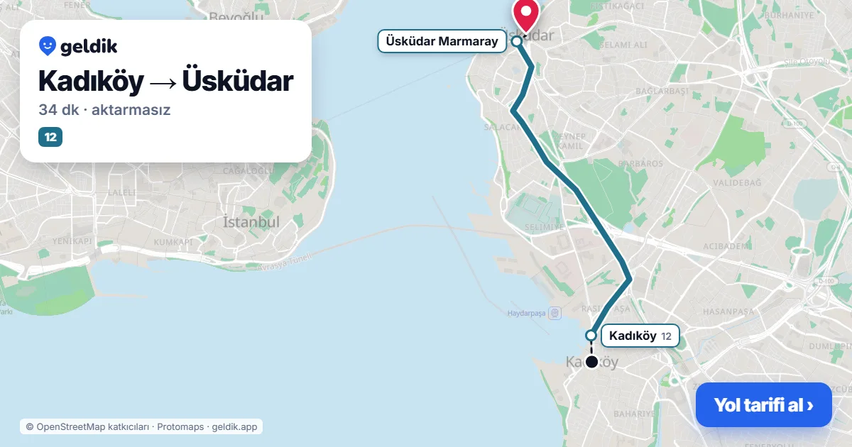 Kadıköy – Üsküdar yol haritası: 12 otobüsü ile ~34 dk