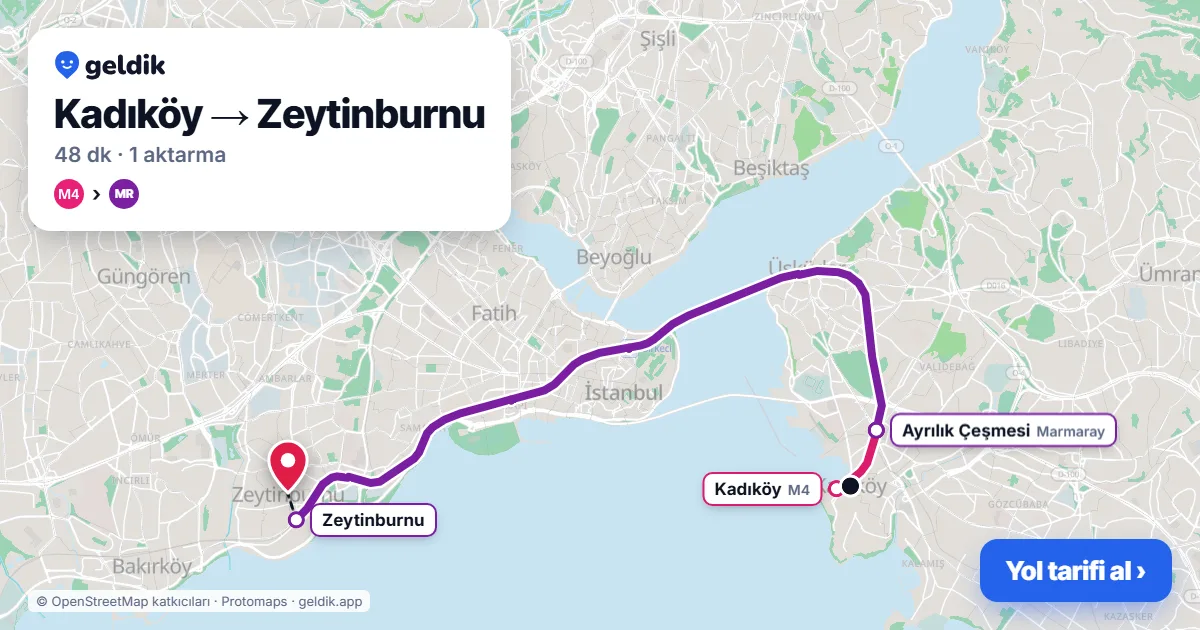 Kadıköy – Zeytinburnu yol haritası: M4 → Marmaray ile ~48 dk