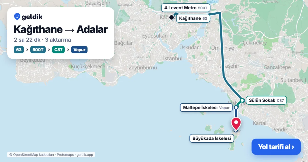 Kağıthane – Adalar yol haritası: B43 minibüsü → 251 otobüsü → C87 minibüsü → vapur ile ~2 sa 26 dk