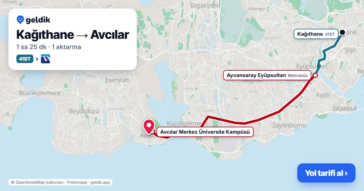 Kağıthane – Avcılar yol haritası: 41ST otobüsü → Metrobüs ile ~1 sa 25 dk