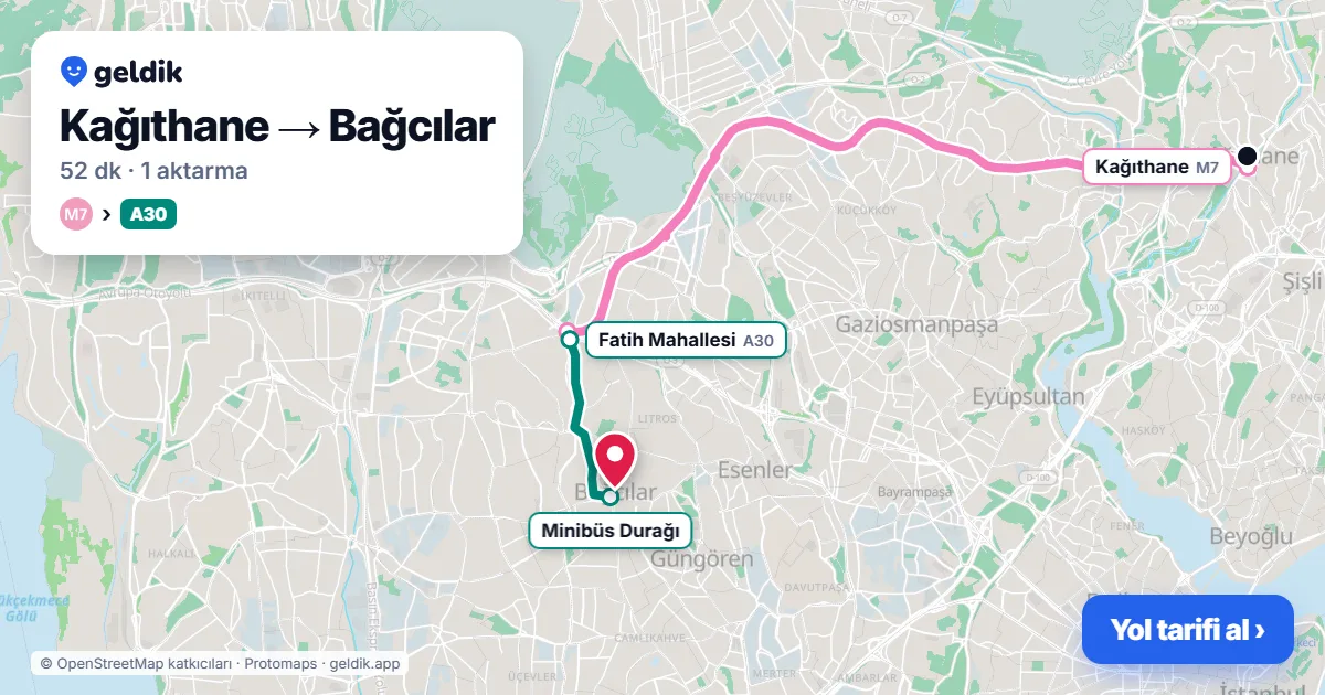 Kağıthane – Bağcılar yol haritası: M7 → A30 minibüsü ile ~52 dk