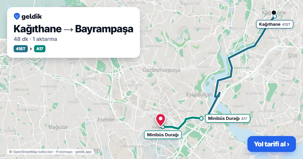 Kağıthane – Bayrampaşa yol haritası: 41ST otobüsü → A17 minibüsü ile ~48 dk
