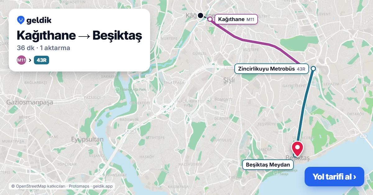 Kağıthane – Beşiktaş yol haritası: 50D otobüsü → 50L otobüsü ile ~39 dk