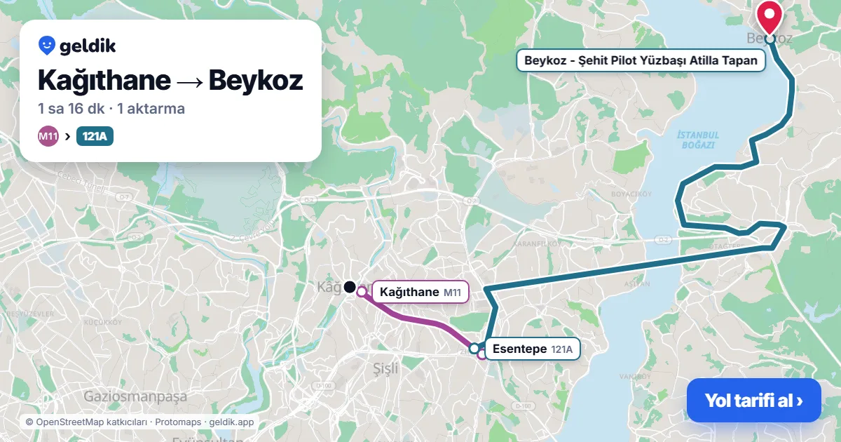 Kağıthane – Beykoz yol haritası: M11 → 121A otobüsü ile ~1 sa 16 dk