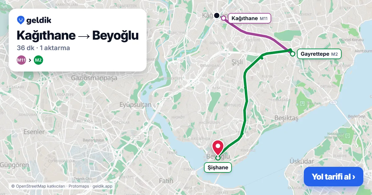 Kağıthane – Beyoğlu yol haritası: M11 → M2 ile ~36 dk