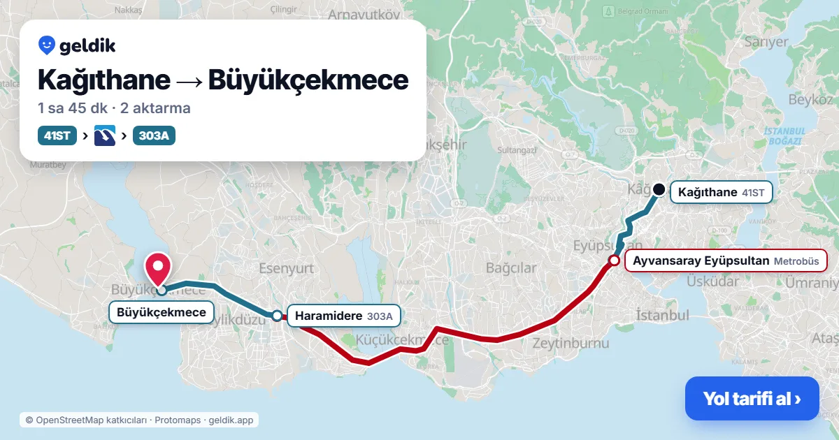 Kağıthane – Büyükçekmece yol haritası: 41ST otobüsü → Metrobüs → 303A otobüsü ile ~1 sa 45 dk