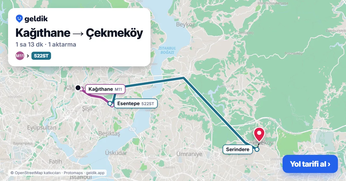 Kağıthane – Çekmeköy yol haritası: M11 → 522ST otobüsü ile ~1 sa 13 dk