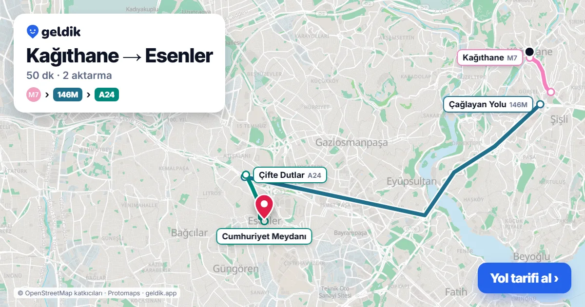 Kağıthane – Esenler yol haritası: M7 → 146M otobüsü → A24 minibüsü ile ~50 dk
