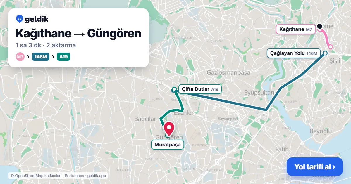 Kağıthane – Güngören yol haritası: M7 → 146M otobüsü → A19 minibüsü ile ~1 sa 3 dk