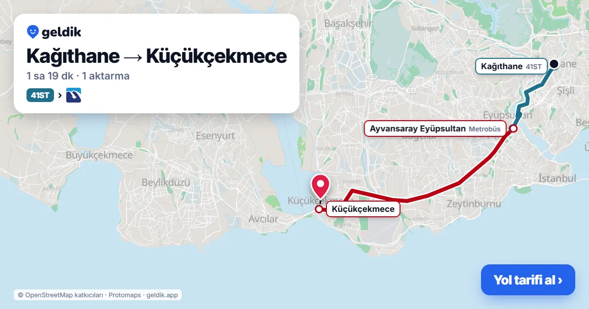 Kağıthane – Küçükçekmece yol haritası: 41ST otobüsü → Metrobüs ile ~1 sa 19 dk