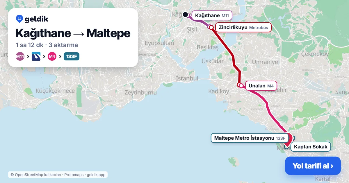 Kağıthane – Maltepe yol haritası: M11 → Metrobüs → M4 → 133F otobüsü ile ~1 sa 13 dk
