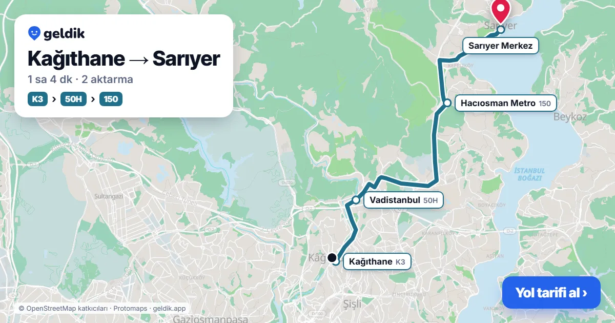 Kağıthane – Sarıyer yol haritası: K3 otobüsü → 50H otobüsü → 150 otobüsü ile ~1 sa 5 dk