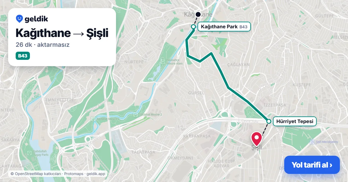 Kağıthane – Şişli yol haritası: B43 minibüsü ile ~26 dk