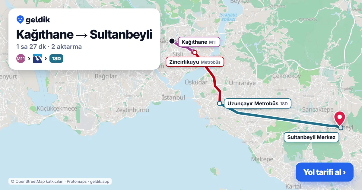 Kağıthane – Sultanbeyli yol haritası: M11 → Metrobüs → 18D otobüsü ile ~1 sa 27 dk