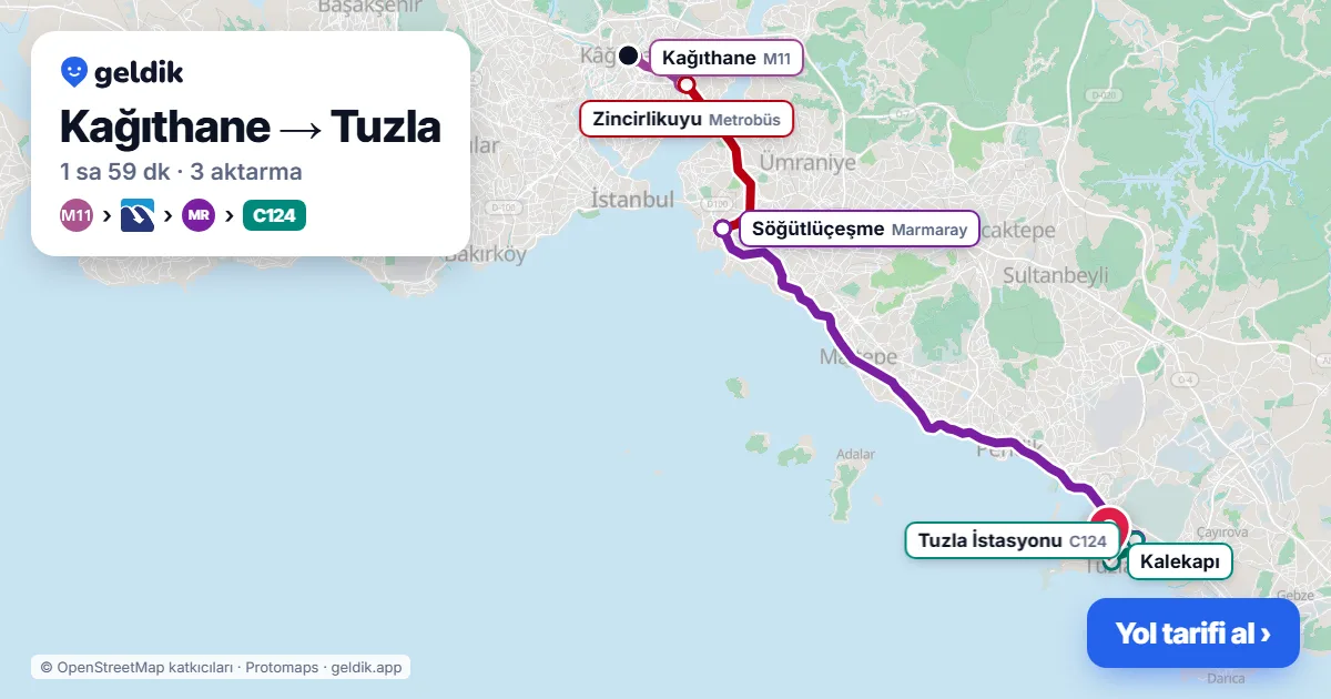 Kağıthane – Tuzla yol haritası: M11 → Metrobüs → Marmaray → C124 minibüsü ile ~1 sa 59 dk