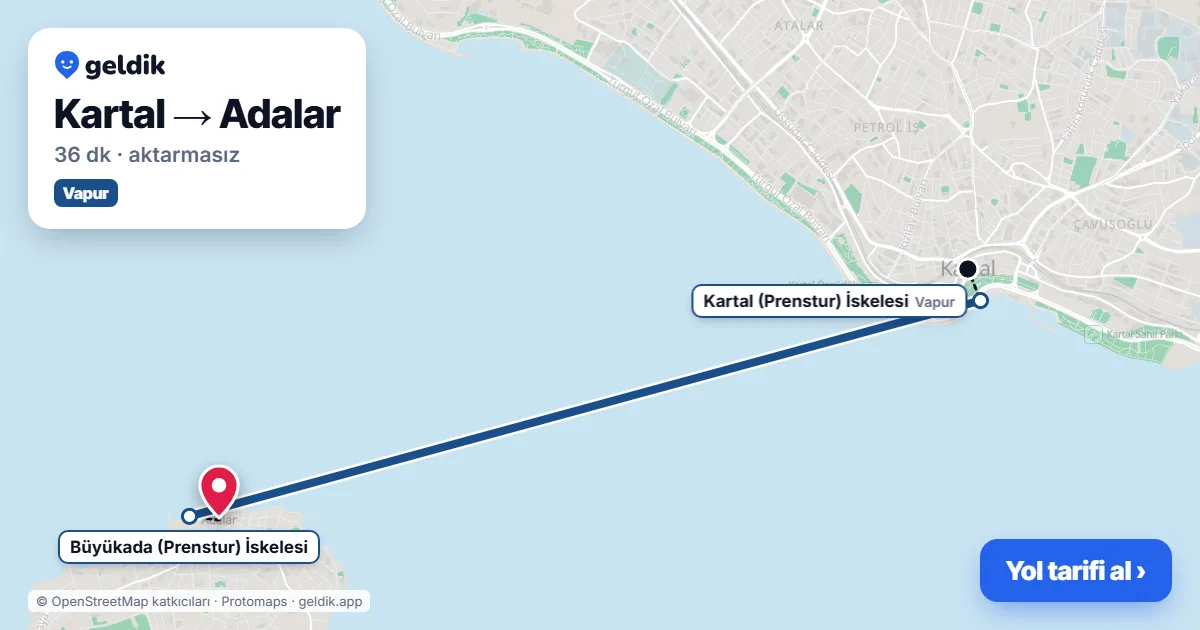 Kartal – Adalar yol haritası: vapur ile ~36 dk