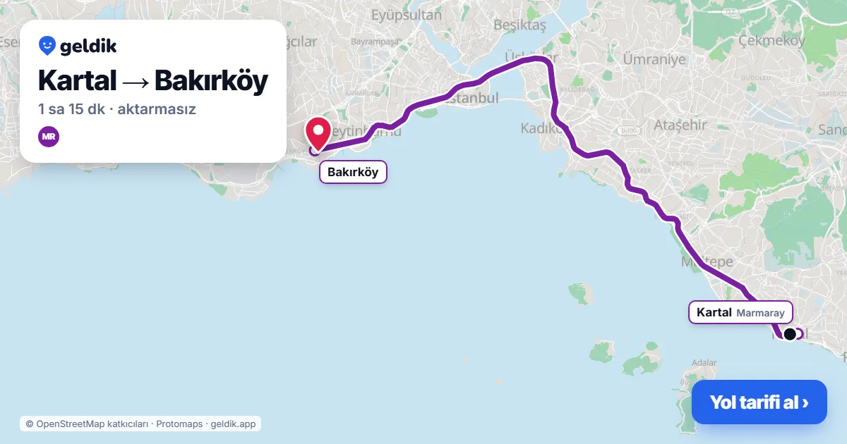 Kartal – Bakırköy yol haritası: Marmaray ile ~1 sa 15 dk