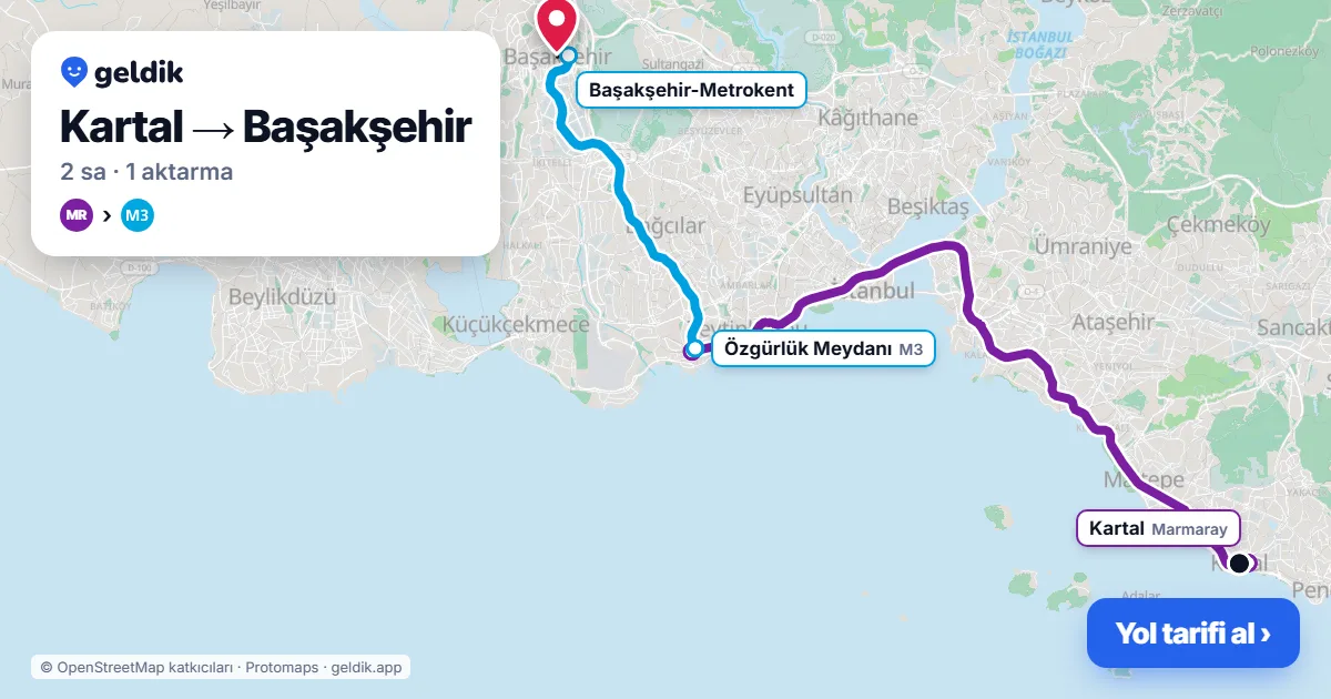 Kartal – Başakşehir yol haritası: Marmaray → M3 ile ~2 sa