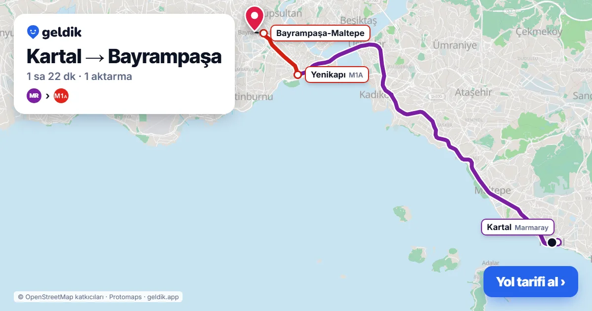Kartal – Bayrampaşa yol haritası: Marmaray → M1A ile ~1 sa 22 dk