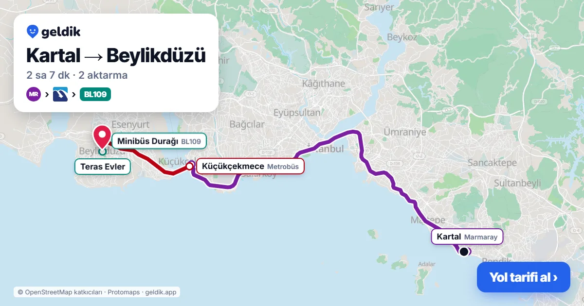 Kartal – Beylikdüzü yol haritası: Marmaray → Metrobüs → BL109 minibüsü ile ~2 sa 7 dk