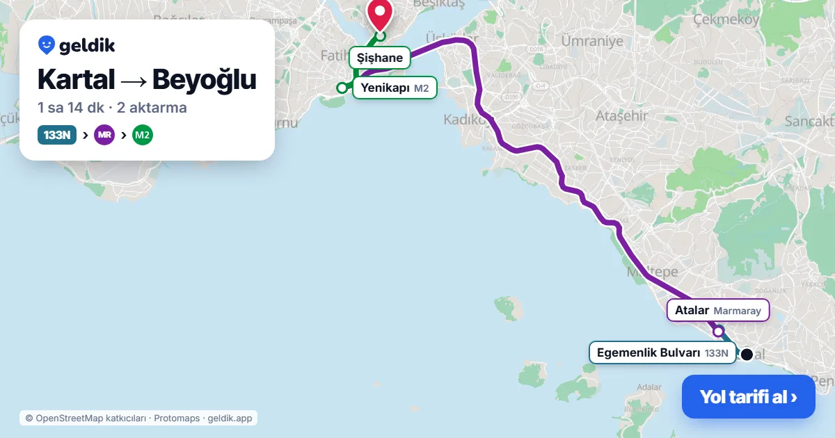 Kartal – Beyoğlu yol haritası: 133N otobüsü → Marmaray → M2 ile ~1 sa 15 dk
