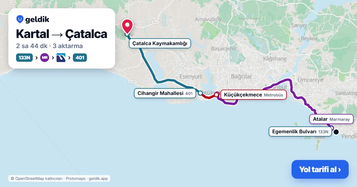 Kartal – Çatalca yol haritası: 133N otobüsü → Marmaray → Metrobüs → 401 otobüsü ile ~2 sa 44 dk