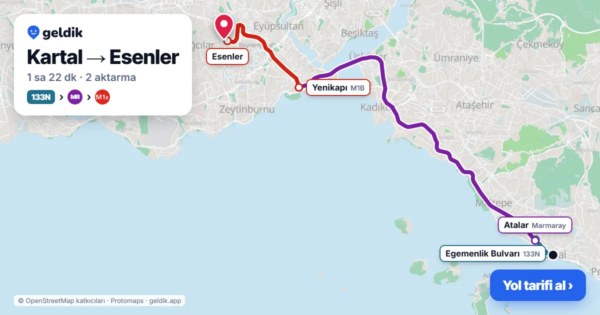 Kartal – Esenler yol haritası: 133N otobüsü → Marmaray → M1B ile ~1 sa 23 dk