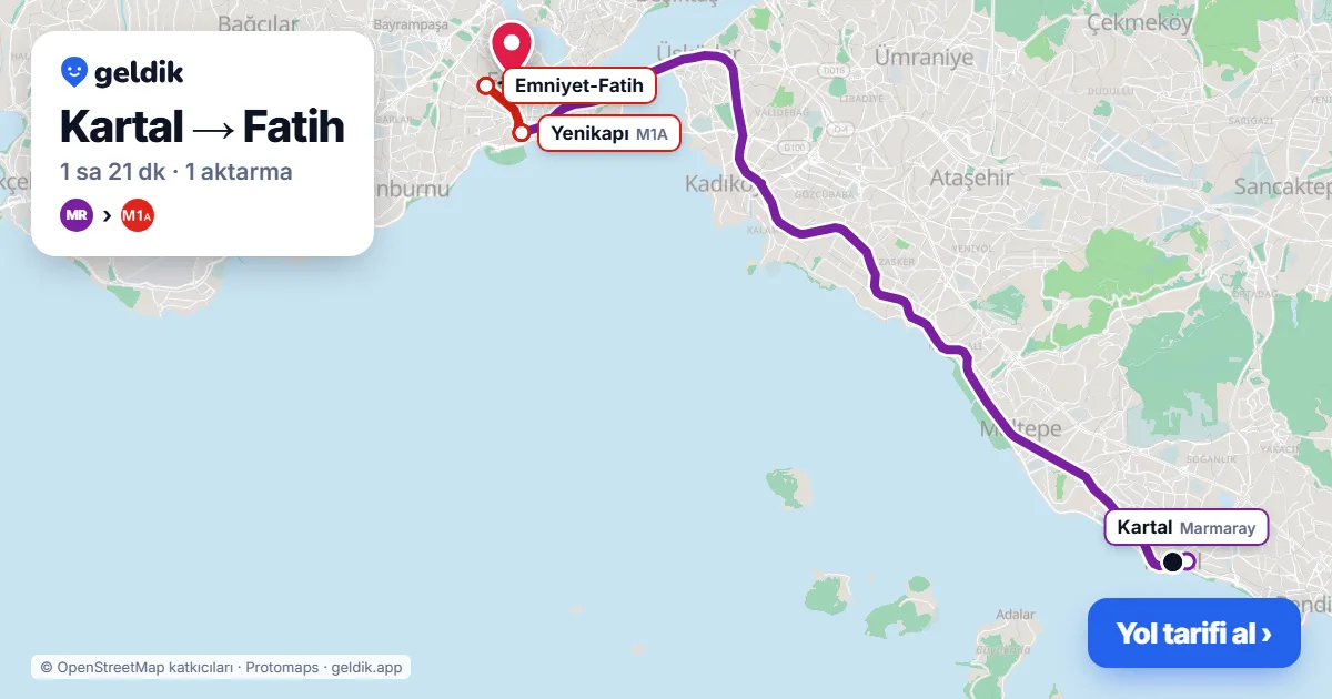 Kartal – Fatih yol haritası: Marmaray → M1A ile ~1 sa 21 dk