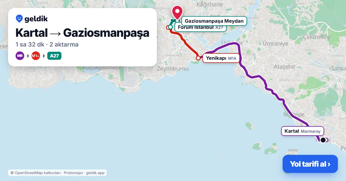 Kartal – Gaziosmanpaşa yol haritası: Marmaray → M1A → A27 minibüsü ile ~1 sa 32 dk