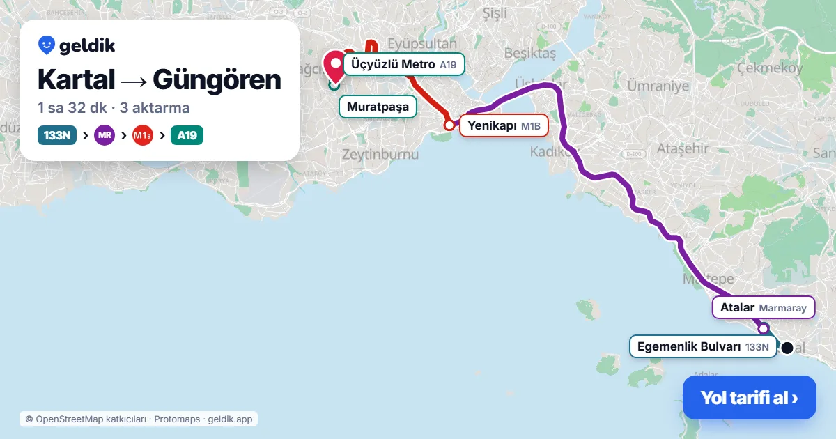 Kartal – Güngören yol haritası: 133N otobüsü → Marmaray → M1B → A19 minibüsü ile ~1 sa 33 dk