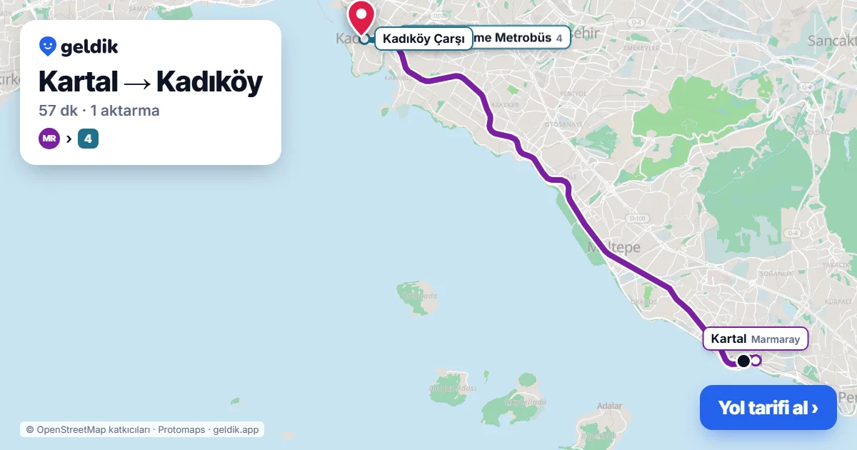Kartal – Kadıköy yol haritası: 133N otobüsü → M4 ile ~59 dk