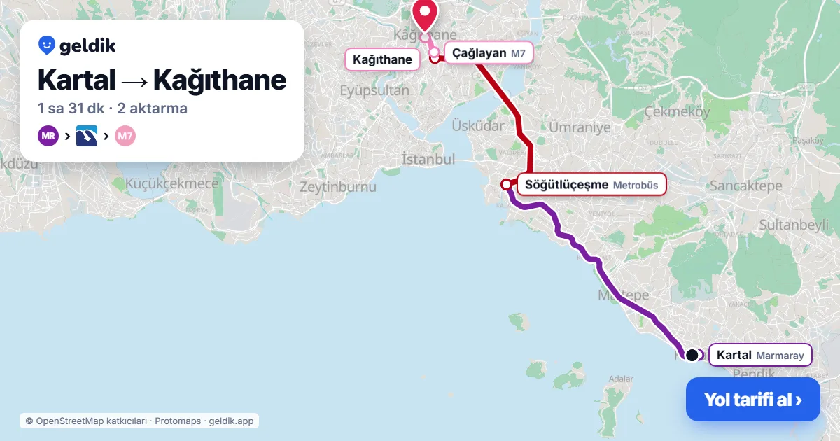 Kartal – Kağıthane yol haritası: Marmaray → Metrobüs → M7 ile ~1 sa 31 dk