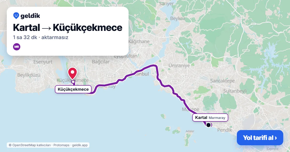 Kartal – Küçükçekmece yol haritası: Marmaray ile ~1 sa 32 dk
