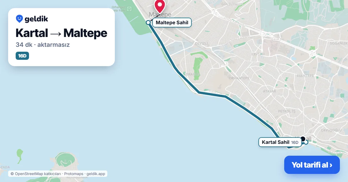 Kartal – Maltepe yol haritası: 133N otobüsü → C50 minibüsü ile ~32 dk
