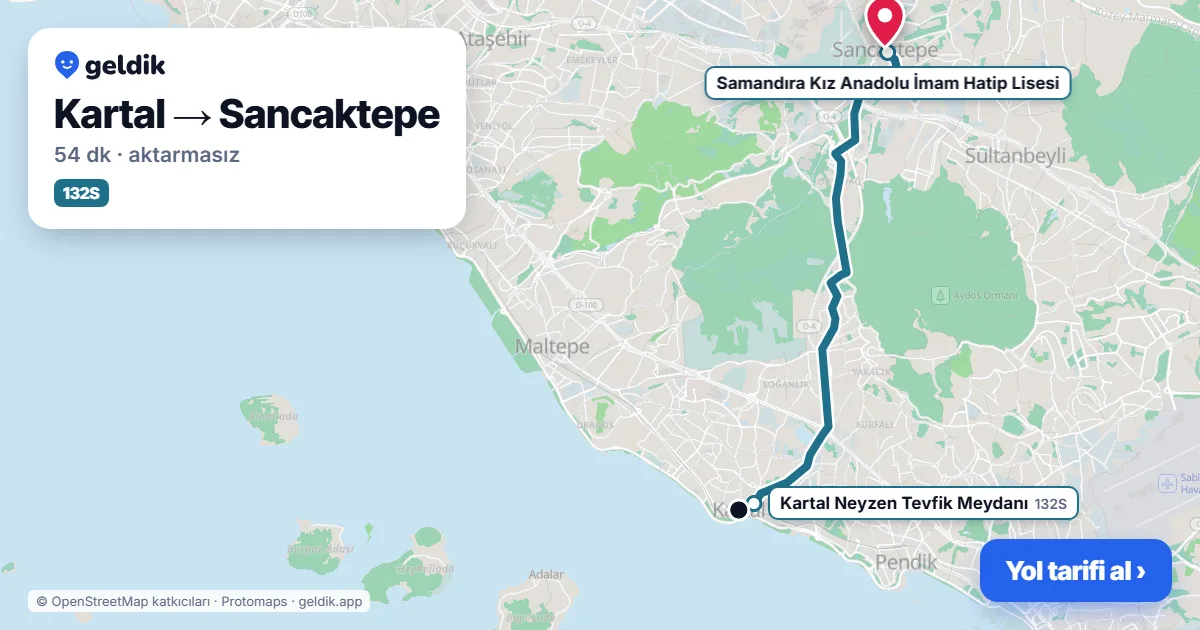 Kartal – Sancaktepe yol haritası: 132S otobüsü ile ~54 dk