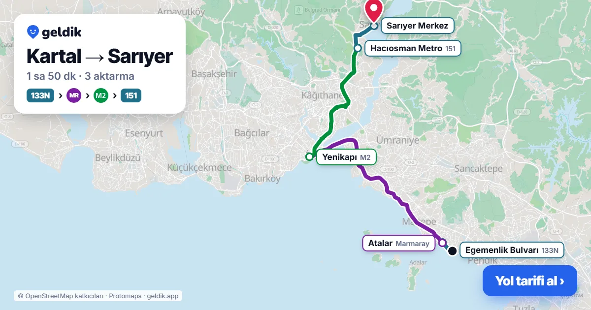 Kartal – Sarıyer yol haritası: 133N otobüsü → Marmaray → M2 → 151 otobüsü ile ~1 sa 51 dk