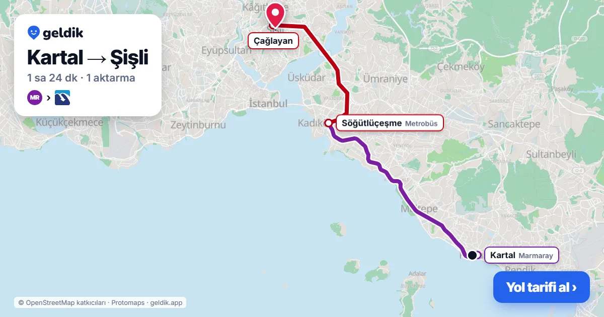 Kartal – Şişli yol haritası: Marmaray → Metrobüs ile ~1 sa 24 dk