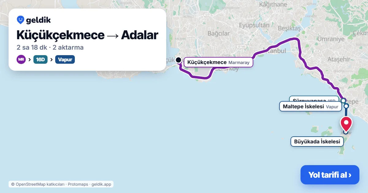 Küçükçekmece – Adalar yol haritası: Marmaray → 16D otobüsü → vapur ile ~2 sa 18 dk